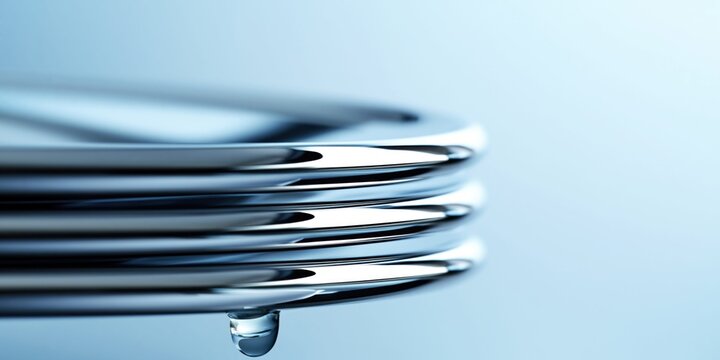 Close-up of stacked chrome plates with a water droplet forming