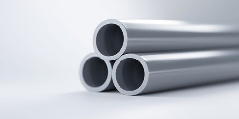 Fototapeta premium Close-up view of stacked grey PVC pipes on a clean white background