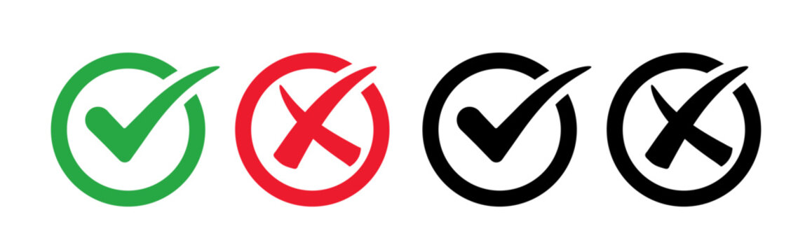 Green checkmark and red cross x icon hand drawn vector set, minimal black marker doodle validation symbols for approved and rejected concepts, grading, surveys, and right or wrong feedback.