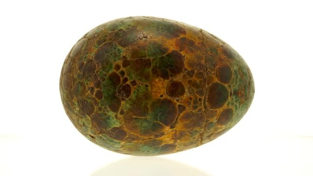 Detailed close-up of a unique dinosaur egg fossil with brown, green, and yellow patterns on white background