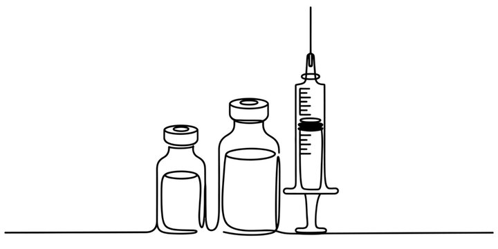 A single continuous line drawing of medical vaccine vials and a hypodermic syringe for injection