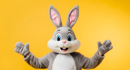 Fototapeta premium Cheerful Easter Bunny Mascot Costume On Yellow Background