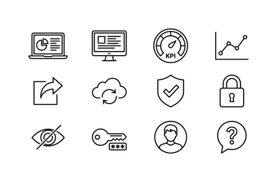 Collection of modern outline icons for business and technology concepts