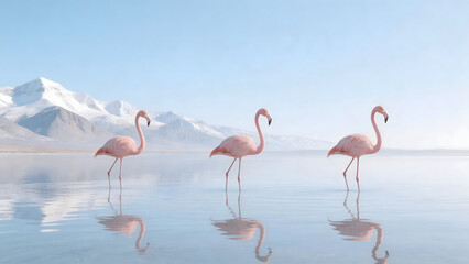 Obraz premium Three flamingos in water with snowy mountains