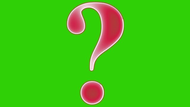 Large 3D pink glowing question mark on green screen, animated mystery symbol for quiz and problem-solving videos.