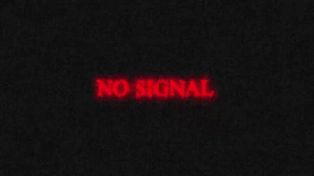 Red "NO SIGNAL" glowing text animation on black grainy background, digital glitch effect for retro tv and error screen vfx.