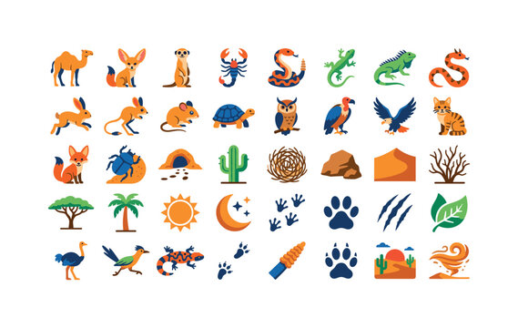 Collection of desert wildlife and environmental elements in a flat icon style