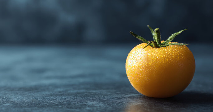 Fresh yellow tomato with water droplets