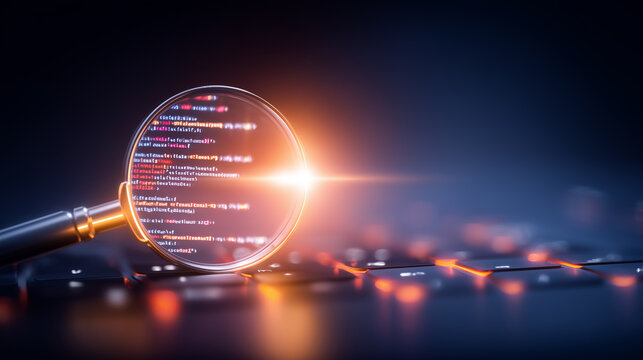 Magnifying glass examining computer code on a digital keyboard representing software debugging cybersecurity analysis and technical inspection
