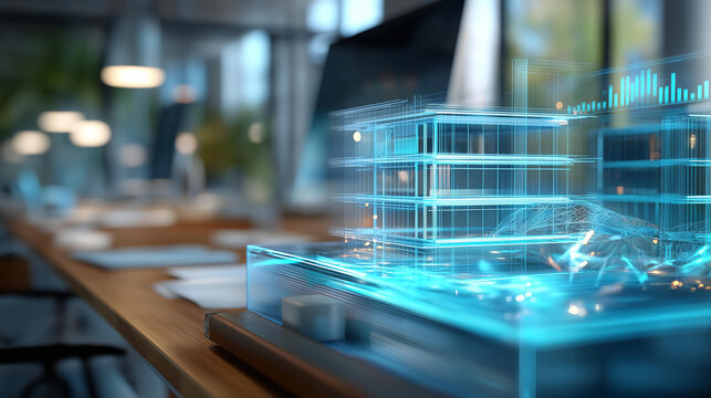 Close up of a holographic architectural model of a modern building floating above a bright desk the model showing translucent walls with blue wireframe structural elements floor