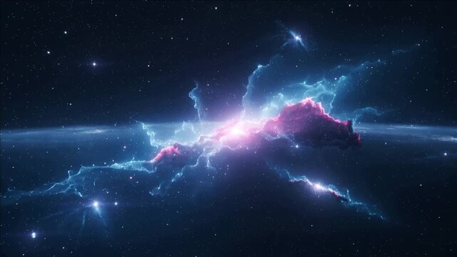 Frames driving nebula pulsing in space pink core glowing blue arms reaching along band flaring star