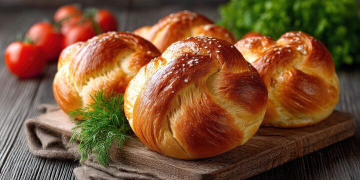 Golden braided challah bread rolls sprinkled with sesame seeds on a wooden board