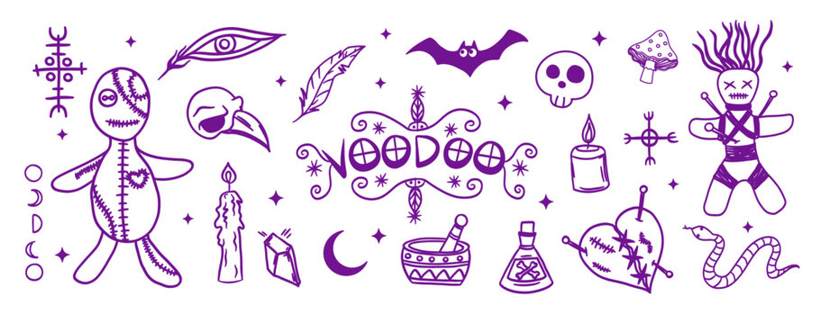 Voodoo magic doodle icon collection featuring ritual dolls, mystical symbols, candles, potion bottles, feathers, skull, snake and occult elements. Cute witchcraft illustration