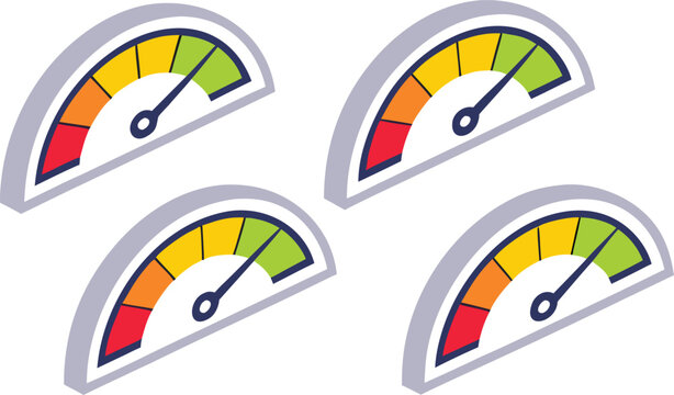 Isometric style credit score meters with different ratings gauges