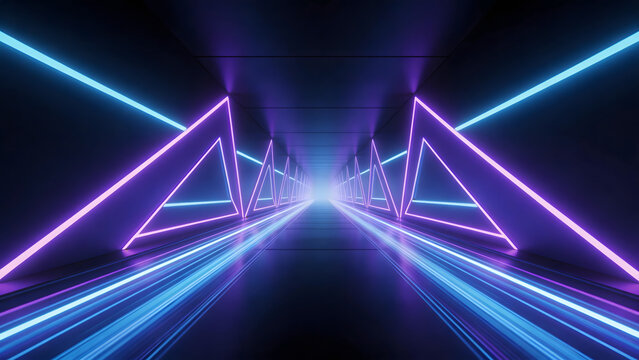 Neon light tunnel with triangular shapes