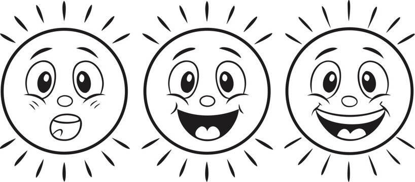 Hand drawn cartoon sun faces with surprised happy and smiling expressions emotions