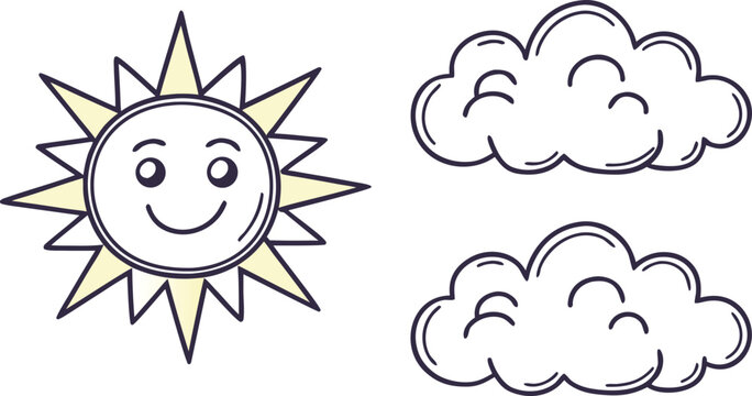 Hand drawn smiling sun with yellow rays and two white clouds yellow sun rays weather clouds