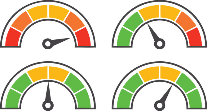 Four credit rating gauges with varying scores meters dials