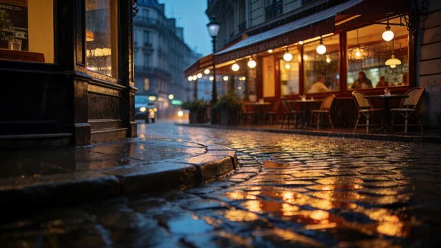 Starting low-angle camera revealing cafe lights reflecting on wet cobbles and passerby moving