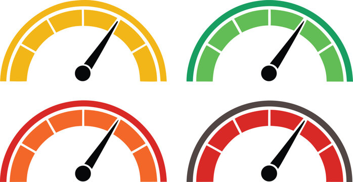 Colorful speedometer style indicators with different colored gauges and needles on white background