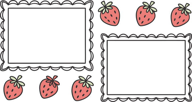 Hand drawn frames set with sketchy lines and irregular borders surrounded by strawberries