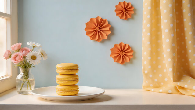 Yellow macarons on plate near flowers