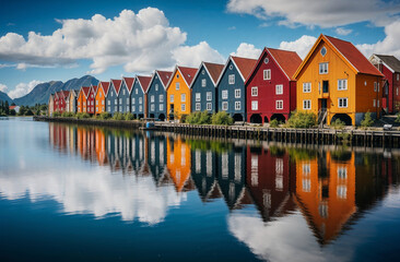 Obraz premium Row of vibrant colorful traditional wooden houses in Norway reflecting in calm blue water under summer clouds