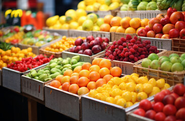 Obraz premium Colorful assortment of fresh organic fruits displayed in wooden crates at a busy local farmers market stall