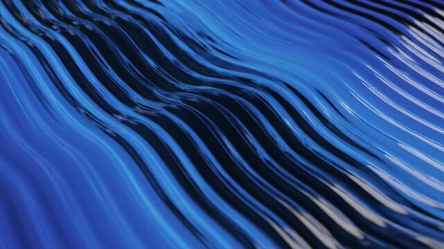 Abstract blue gradient ribbed glass texture glows with vertical wave lines and glossy light reflection across a modern surface background.