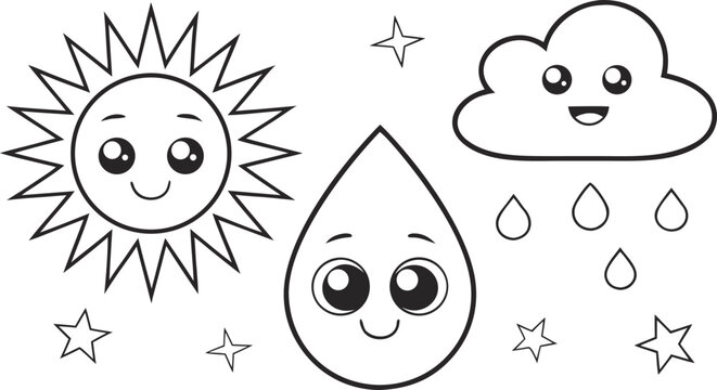 Cute weather doodles with smiling sun cloud raindrop and stars 1