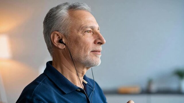 Picking wired earphones, senior man placing earbuds to listen in living room, dark blue polo shirt