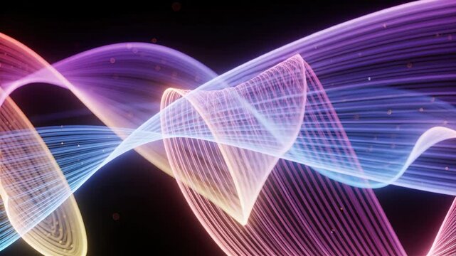 Vertical video: Sweeping ribbons on first frame forming woven light bands on black field, particles