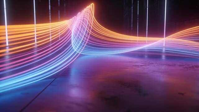 Starting lower-left neon ribbons moving across industrial polished floor, lighting LED columns