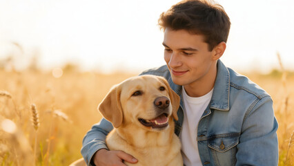 Obraz premium Young man with dog in field