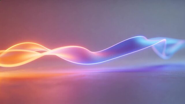 Waving glowing ribbon pair from soft pulse over mirror plane in studio blending gradient hues