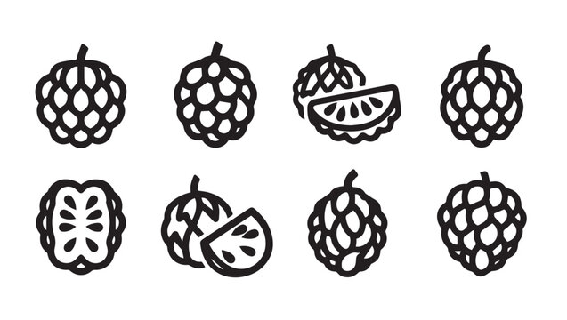 Custard Fruit Icons Set: Whole and Sliced Black and White Line Art