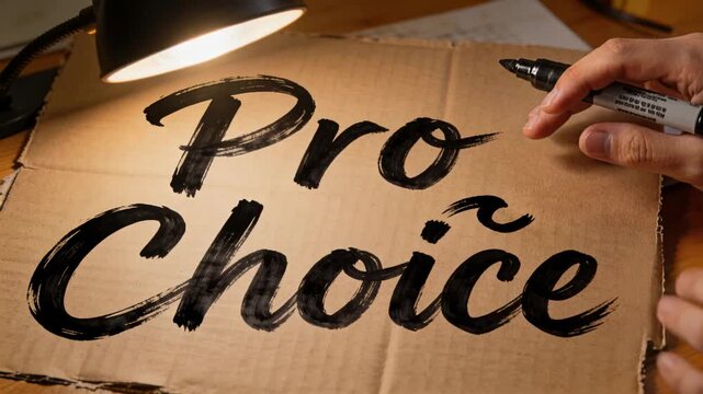 Finishing hands lettering Pro Choice on cardboard at desk, lamp lighting, marker creating sign
