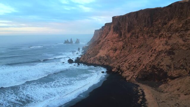 Cliffs and Waves at V&iacute;kurfjara Black Sand Beach Iceland 4K