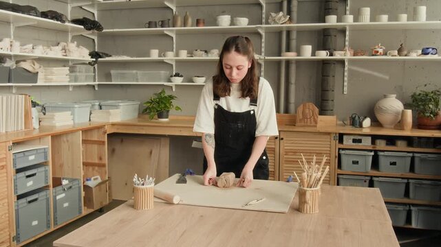 Young woman, wearing dark jumpsuit, intently cutting pieces of light brown clay with string, leaning over her work surface in workshop