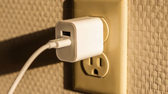 Casting warm left light, white USB adapter staying plugged into beige outlet, cable casting shadow