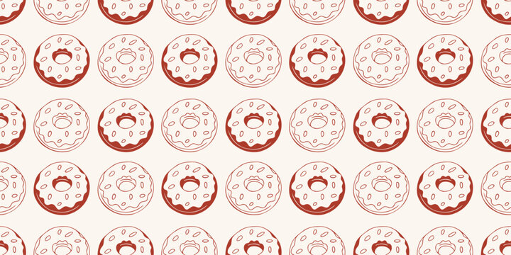 Donut seamless pattern in hand drawn red line art style. Vector background for bakery, cafe menu and sweet food design. Minimalist dessert wallpaper for textile and packaging