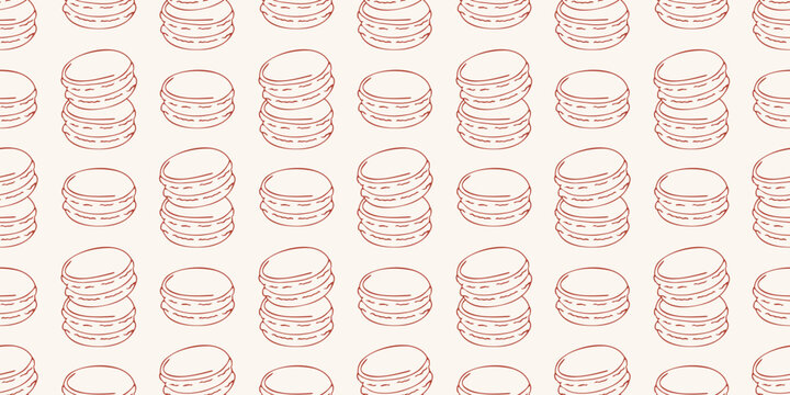 Seamless pattern with french macarons in red line style. Vector background for bakery, cafe menu , sweet dessert design. Minimalist hand drawn pastry wallpaper for textile, packaging, wrapping paper