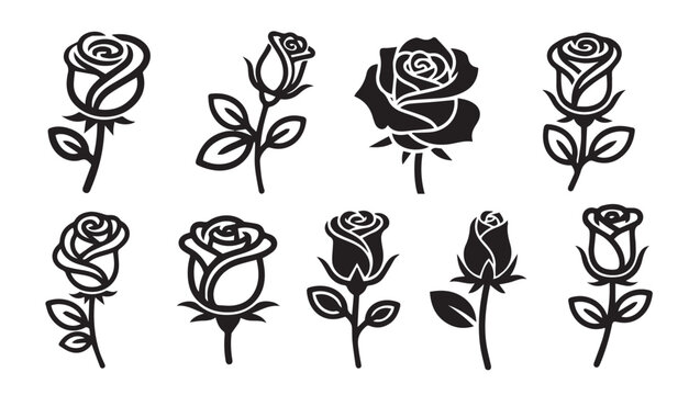 Set of black rose flower icons stylized vector illustrations with leaves and stems isolated on white background