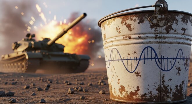 Surreal juxtaposition of a tank and a vintage bucket with a map design.