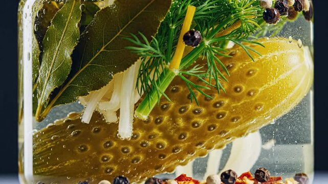 Close up of a dill pickle in a jar with spices, bay leaves, and herbs, ready for pickling