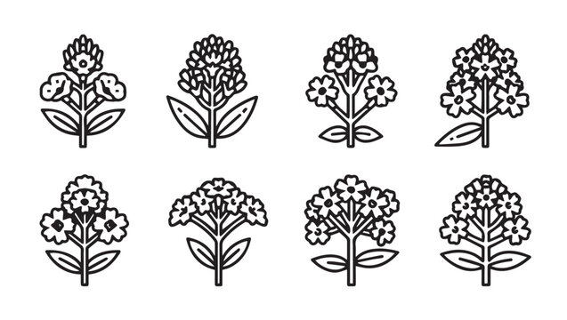 Set of eight stylized floral icons with simple outline drawings of flowers on stems