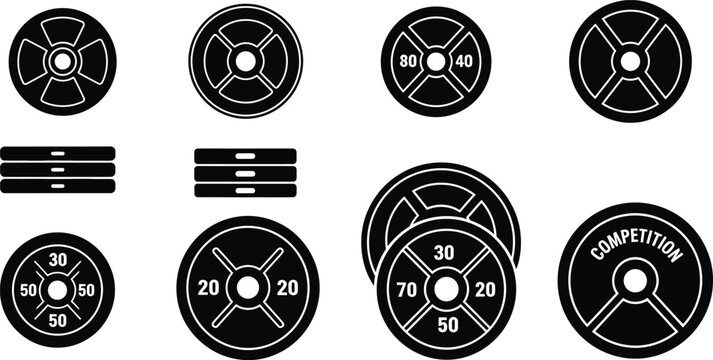 Set of black and white weight plates and bars for fitness and exercise equipment  various sizes and types for workout routines