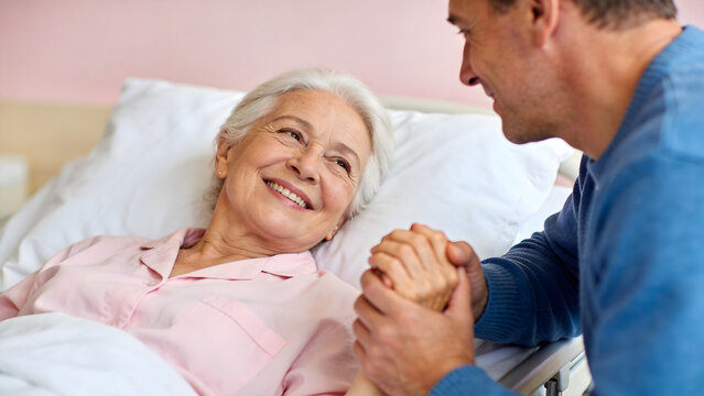 Elderly woman holding hands with man in bed