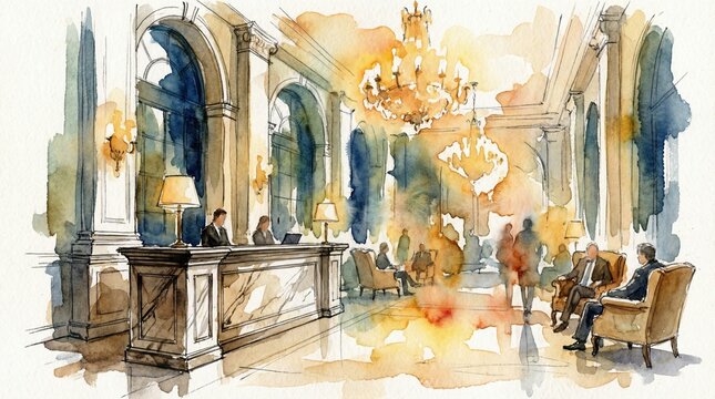 Watercolor painting grand hotel lobby with reception desk and guests. Elegant atmosphere with warm lighting and chandeliers. Ideal for travel, hospitality, and interior design content.