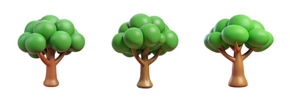 Set of three cartoon 3d trees with green foliage and brown trunks isolated on transparent background
